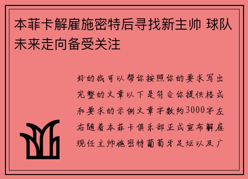 本菲卡解雇施密特后寻找新主帅 球队未来走向备受关注 本菲卡解雇施密特后寻找新主帅 球队未来走向备受关注