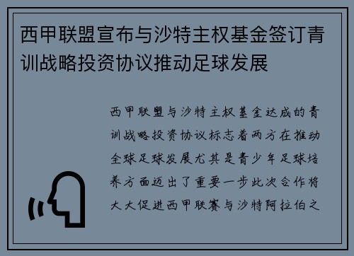 西甲联盟宣布与沙特主权基金签订青训战略投资协议推动足球发展 西甲联盟宣布与沙特主权基金签订青训战略投资协议推动足球发展